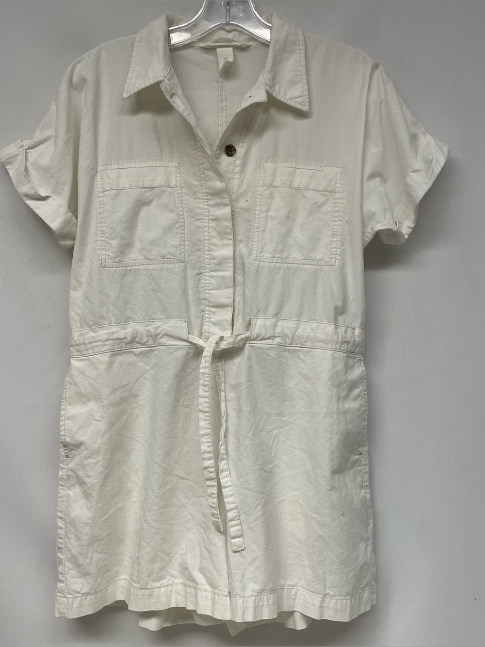H&M Cream Short-Sleeve Button-Down Shirt with Waist Tie